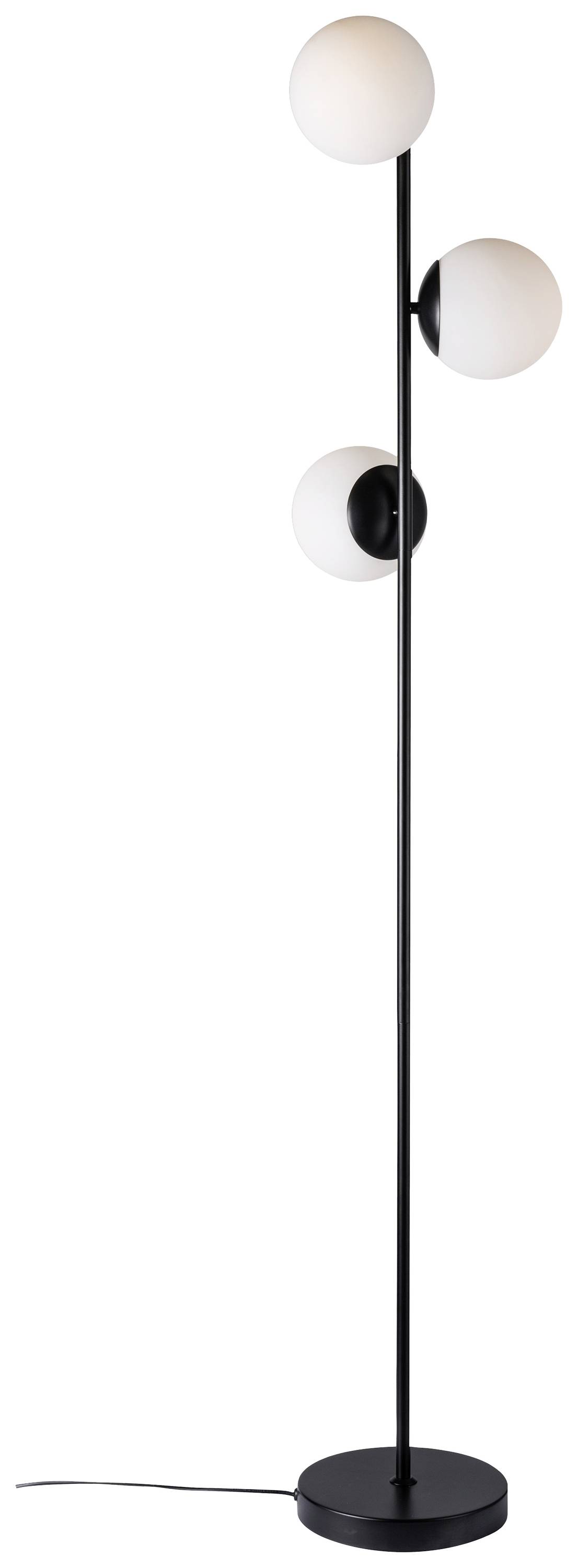 Stehlampe mit drei kugelförmigen, weißen Glasschirmleuchten an einem schlanken, schwarzen Metallstab.