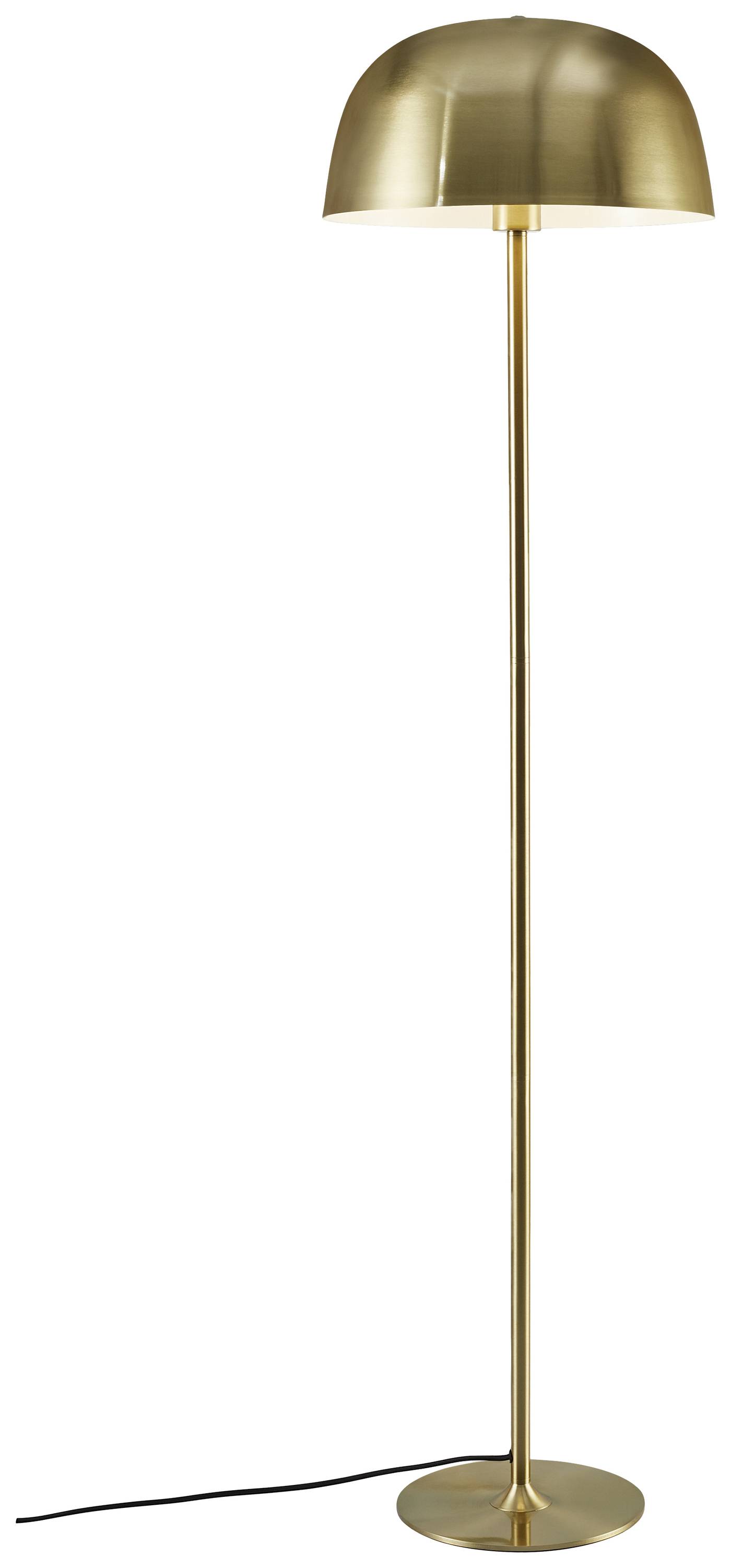 Stehlampe aus Metall mit einem runden, goldfarbenen Schirm. Schlankes Design, geeignet für moderne Wohnräume.