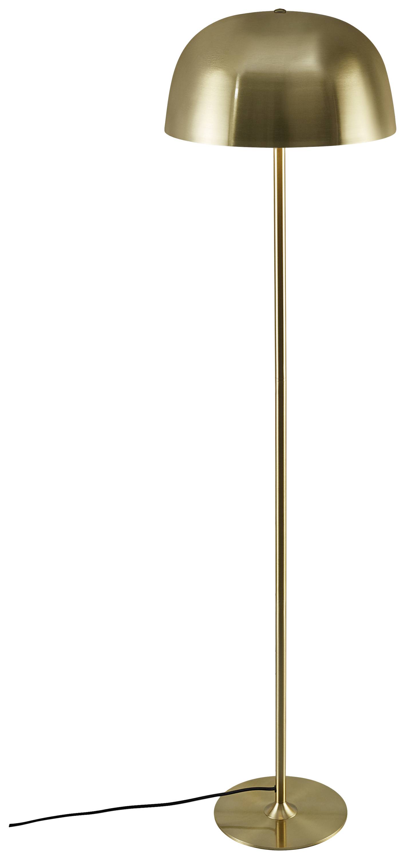 Stehlampe aus goldfarbenem Metall mit einem schlichten, modernen Design. Sie hat einen runden Lampenschirm und einen geraden Standfuß.