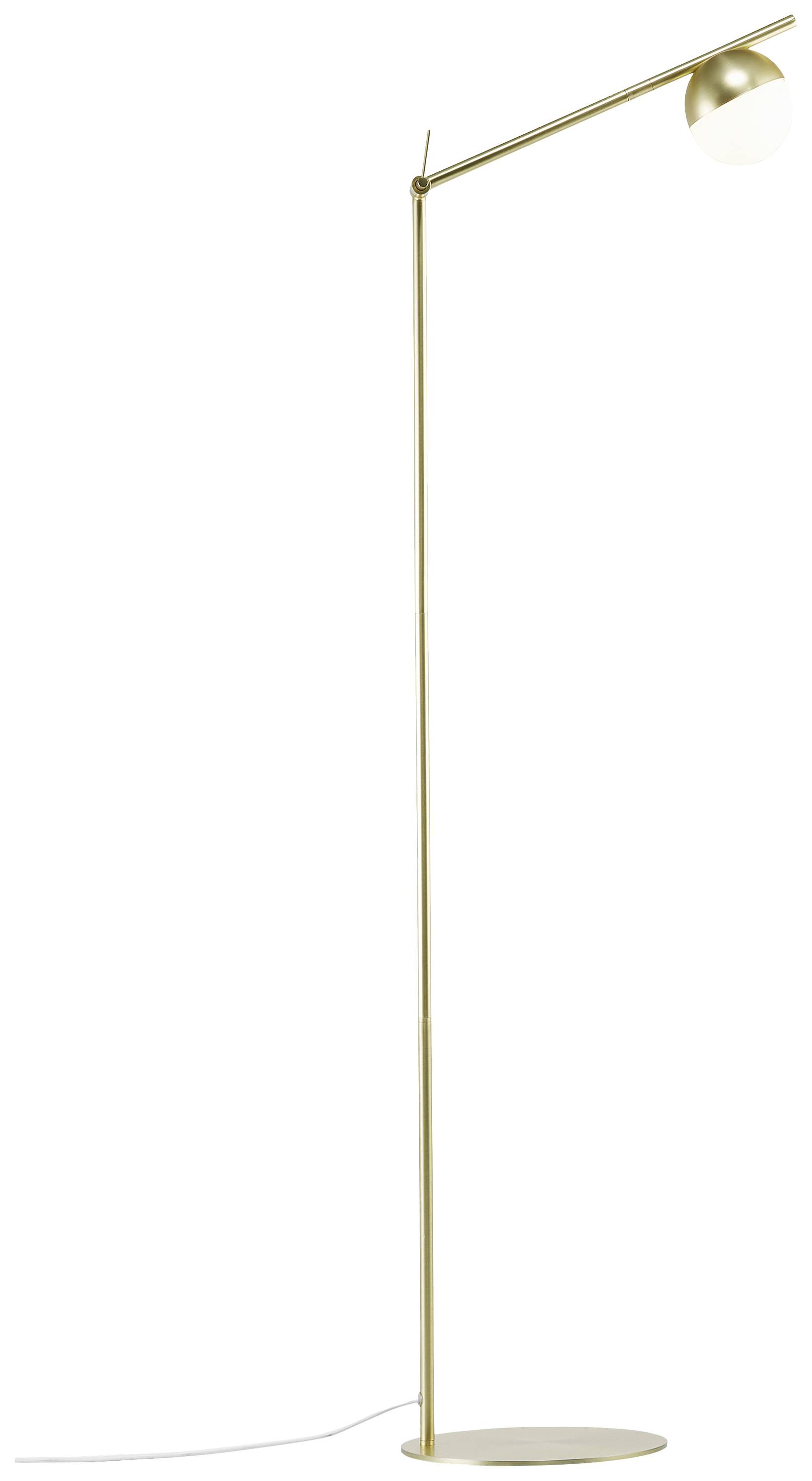 Goldene Stehlampe mit minimalistischem Design, schmaler Ständer und runder Lampenschirm, steht auf einer kreisförmigen Basis.