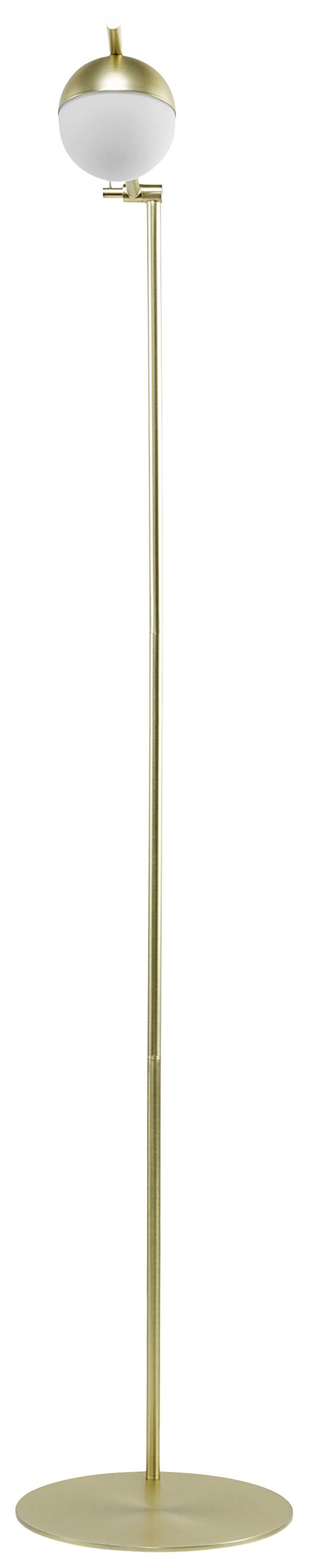 Stehende goldene Stablampe mit ovalem, weißem Lampenschirm und runder Basis. Ideal für moderne Innenräume.