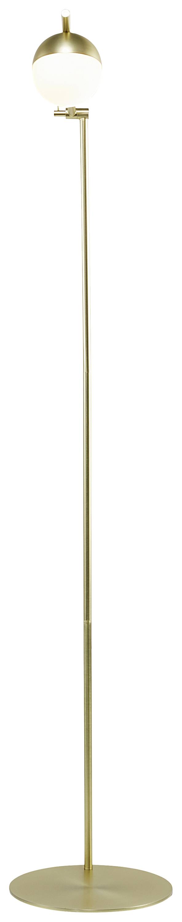 Stehlampe mit schlankem, goldfarbenem Ständer und rundem, kugelförmigem Lampenschirm aus Milchglas am oberen Ende.