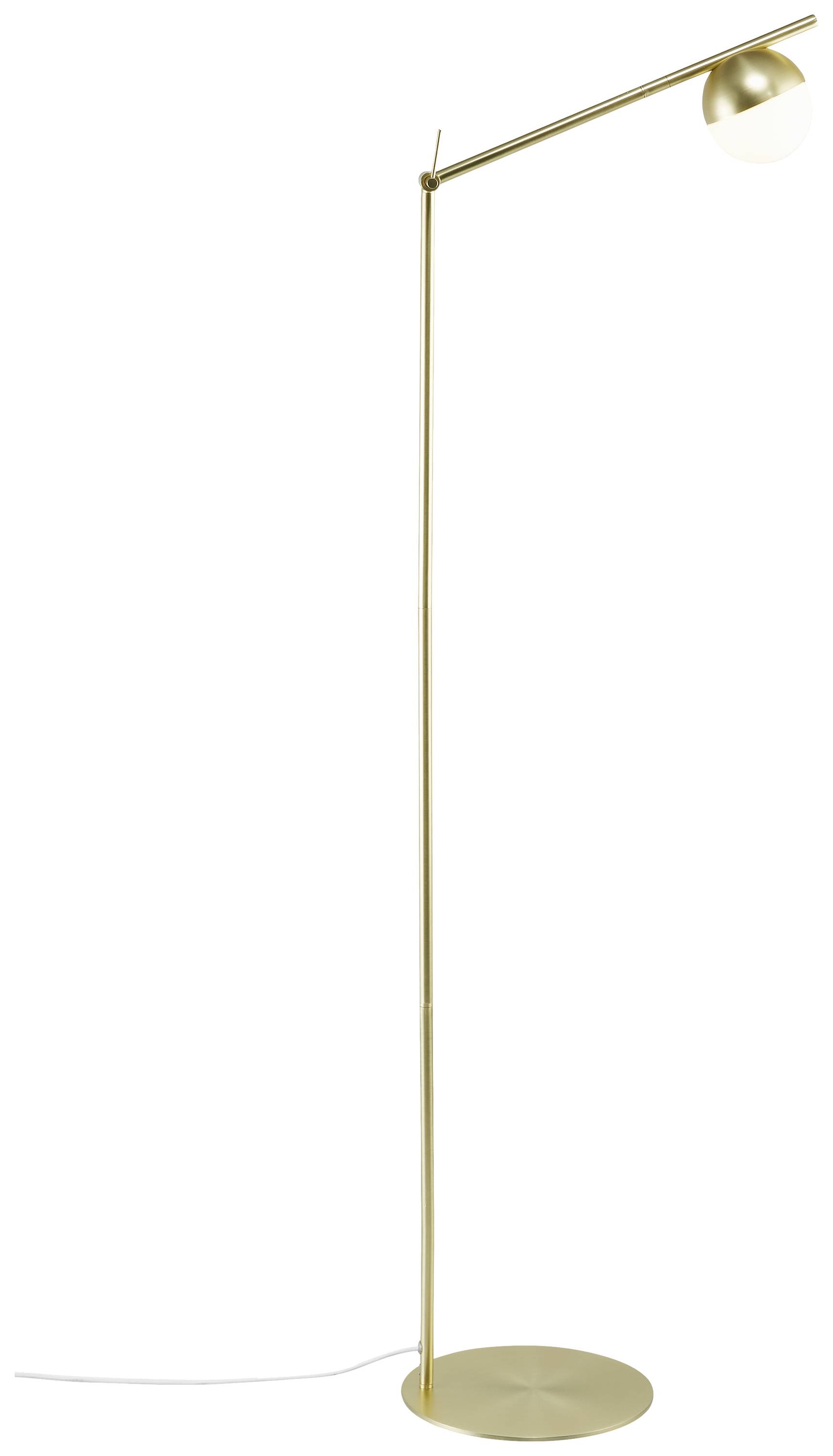 Stehleuchte aus goldfarbenem Metall mit rundem, einstellbarem Lampenschirm und stabilem Sockel. Minimalistisches Design.