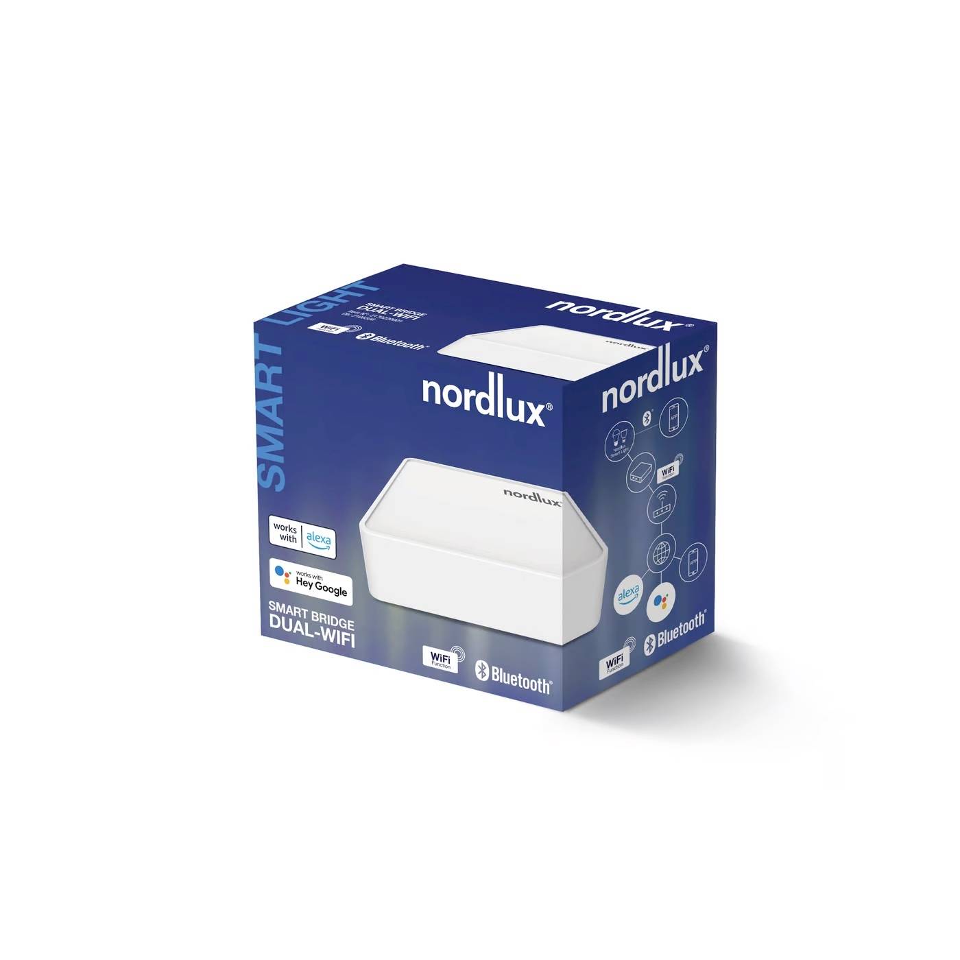 Eine blaue Verpackung mit der Aufschrift 'Nordlux Smart Bridge Dual-WiFi'. Unterstützt WiFi und Bluetooth.