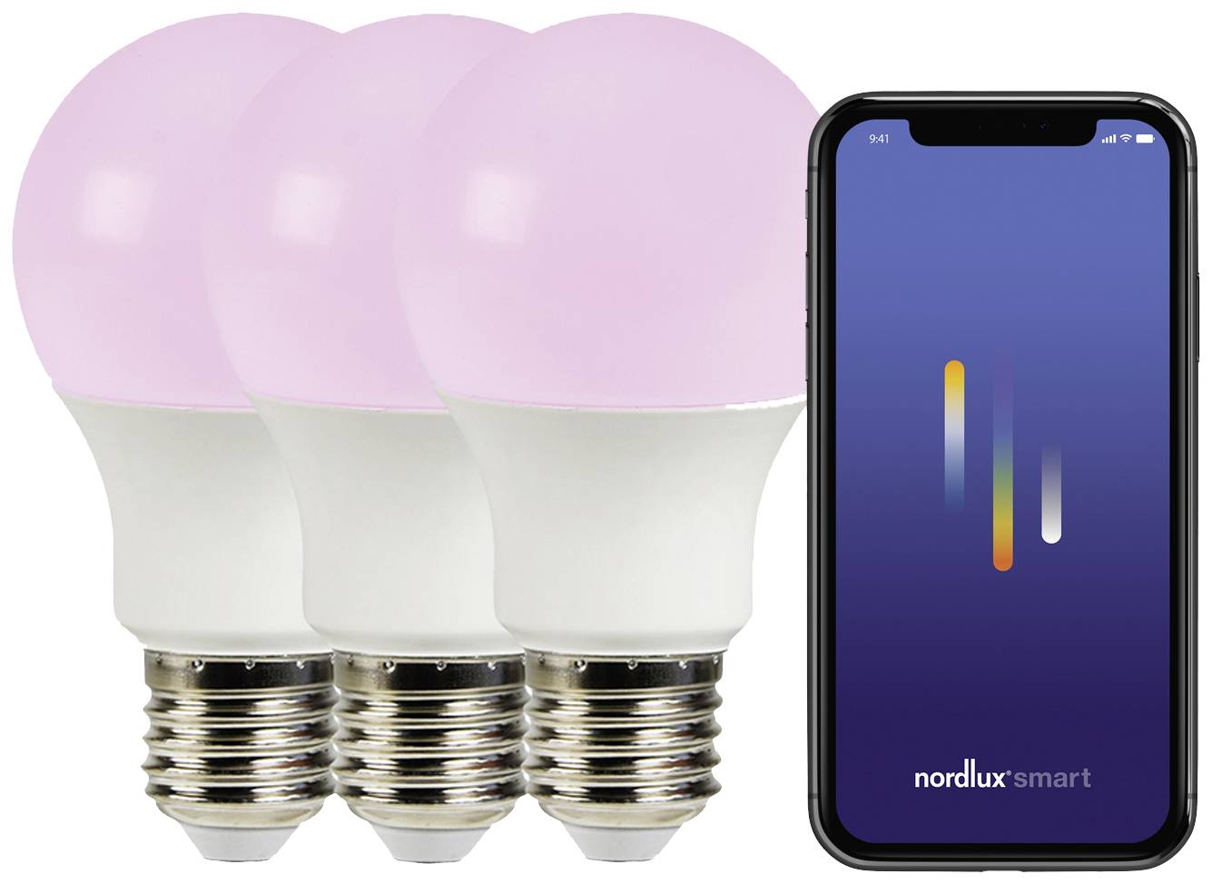 Drei intelligente LED-Glühbirnen neben einem Smartphone mit geöffneter App zur Steuerung der Beleuchtung.
