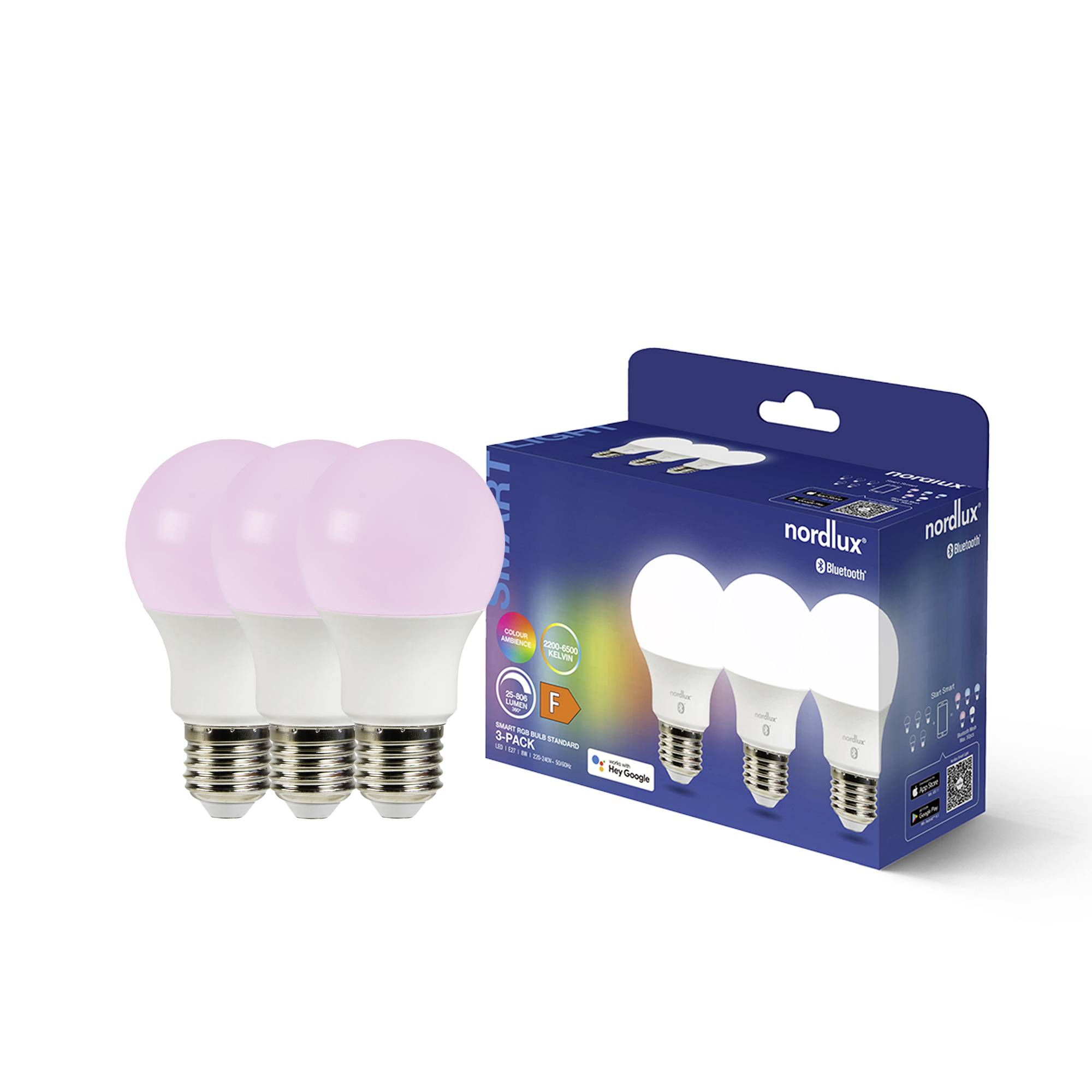 Drei LED-Glühbirnen mit rosa Schimmer neben einer Verpackung der Marke 'Nordlux', mit Bluetooth- und App-Steuerungssymbolen.