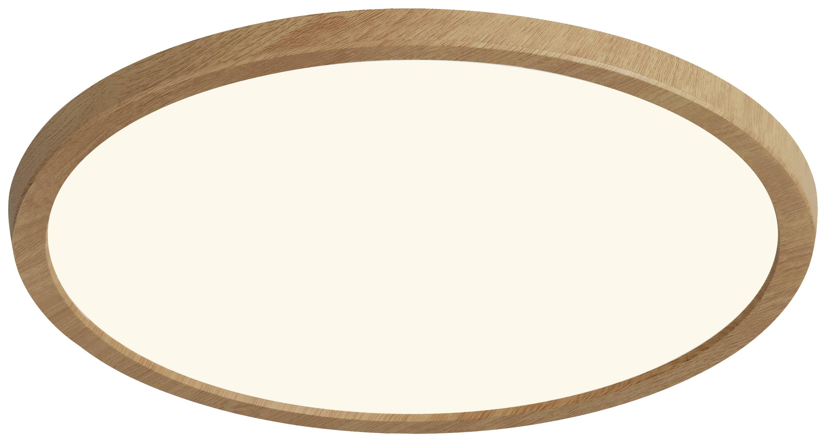 Runde, moderne Deckenleuchte mit einem Holzrahmen und einem zentralen, weißen Leuchtelement. Ideal für eine stilvolle Raumbeleuchtung.