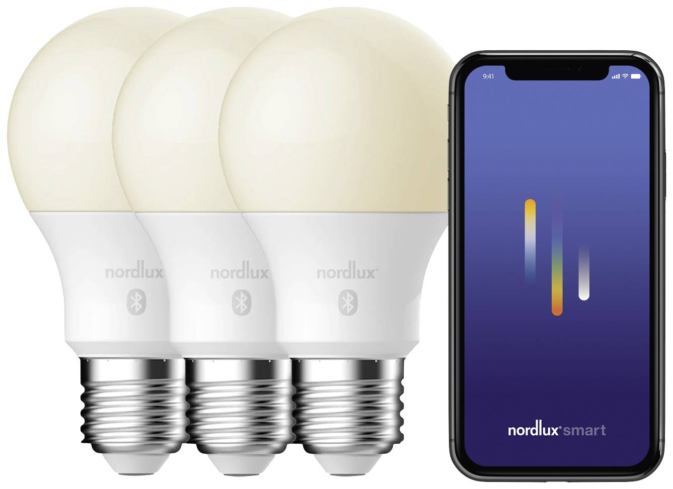 Drei LED-Glühbirnen neben einem Smartphone mit der Nordlux-Smart-App auf dem Bildschirm, die Lichtsteuerung ermöglicht.