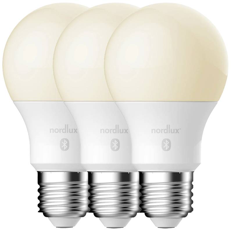 Drei LED-Lampen mit E27-Sockel für Bluetooth-Steuerung, warmes Licht, Markenname auf der Vorderseite sichtbar.