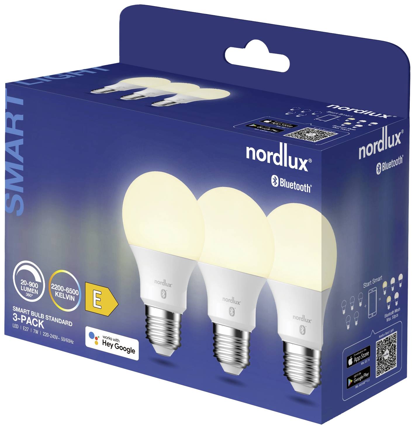 Verpackung von drei intelligenten LED-Glühbirnen von Nordlux mit Bluetooth, kompatibel mit Google Assistant, 20-50 W, E27.