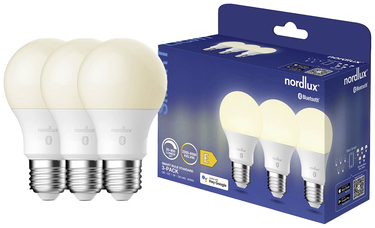 Drei LED-Glühbirnen mit Schraubgewinde neben ihrer Verkaufsverpackung mit 'nordlux' Marke und Bluetooth-Kompatibilität.