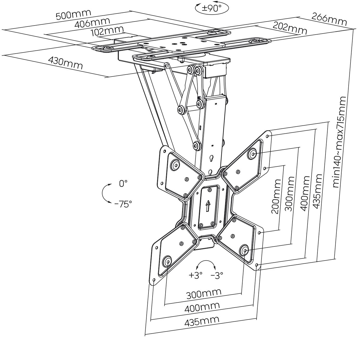 Technische Zeichnung einer Halterung mit verstellbaren Maßen. Zeigt Breiten von 430mm bis 500mm und Höhenverstellung von 140mm bis 175mm.
