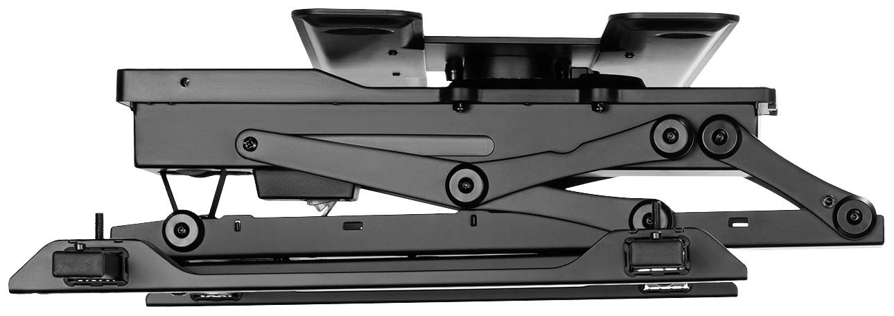 Ein höhenverstellbarer Steh-Sitz-Schreibtischaufsatz mit zwei Hebelarmen zur Anpassung der Tischhöhe, schwarz, mit unterer Ablagefläche.