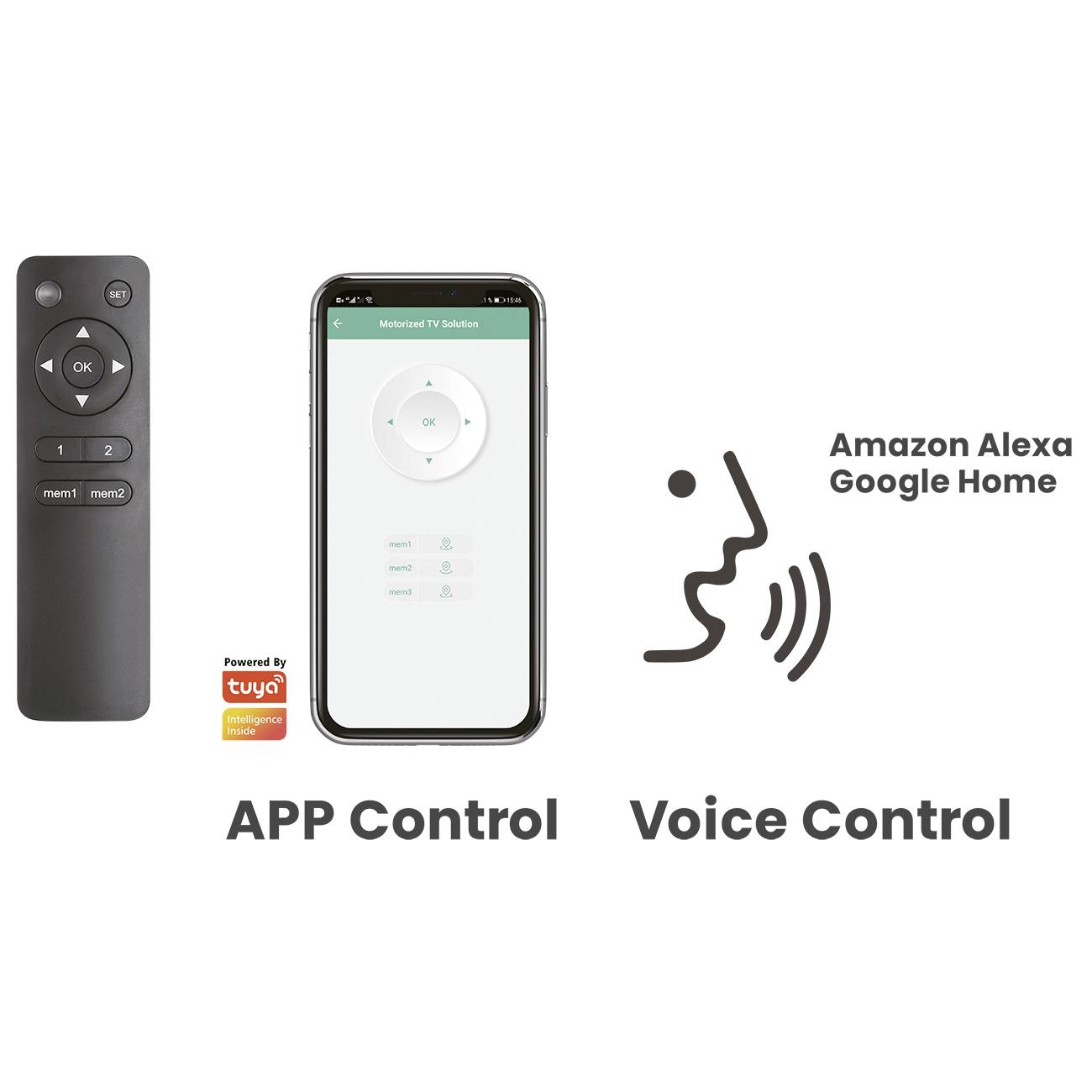 Steuerung mit Fernbedienung, App oder Sprachbefehl möglich. Unterstützt durch Amazon Alexa und Google Home. Tuya-tauglich.