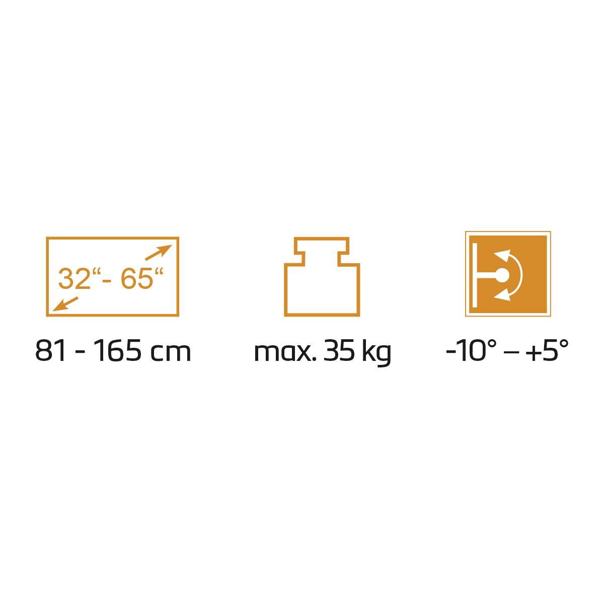 'TV-Größe: 32–65 Zoll (81–165 cm)', 'max. Gewicht: 35 kg', 'Neigungsbereich: -10° bis +5°'. Symbole illustrieren die Angaben.