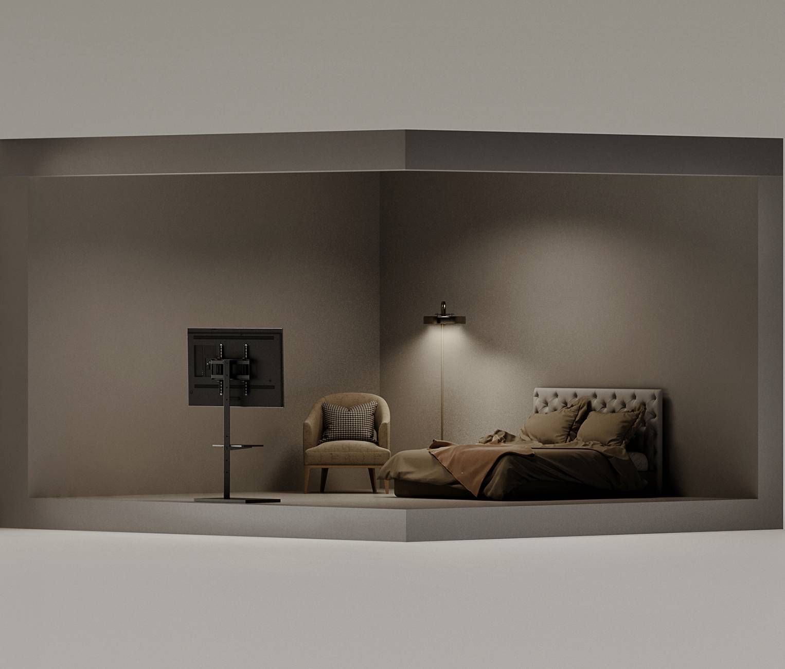 Ein modern eingerichtetes Schlafzimmer mit einem großen Bett, einer Stehlampe, und einem Stuhl vor einem Fernseher an der Wand.