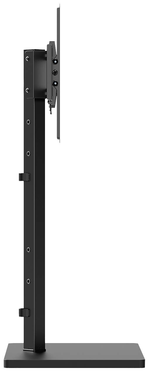 Ein schwarzer, höhenverstellbarer Monitorständer mit rechteckigem Fuß; Seitenansicht.