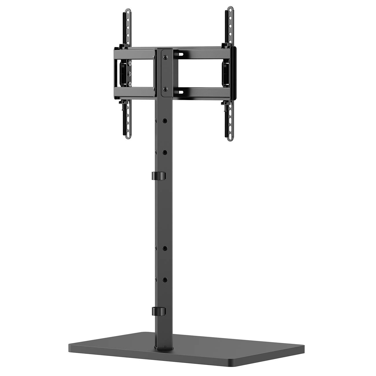 Ein schwarzer TV-Ständer mit verstellbarer Halterung auf einem stabilen Fuß.
