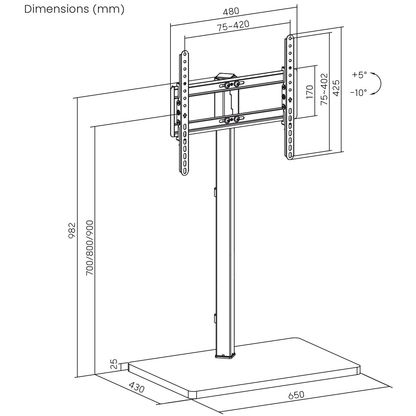 Zeichnung eines verstellbaren TV-Ständers mit Maßen in Millimetern, inkl. Höhen- und Neigungswerte. Basis, Stange und Halterung gezeigt.