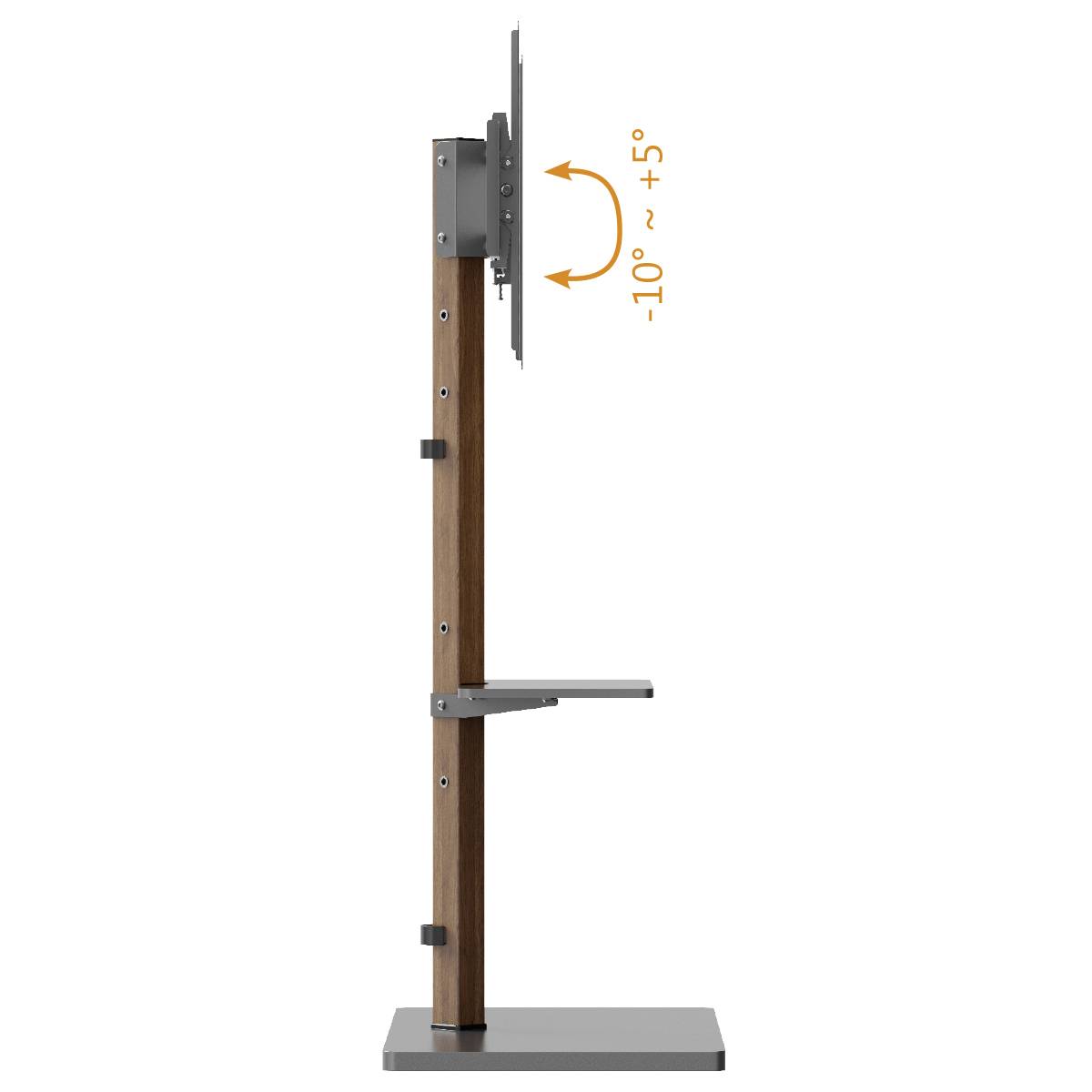 Seitenansicht eines höhenverstellbaren Monitorständers aus Holz und Metall, der Neigungswinkel von -10° bis +5° zeigt.
