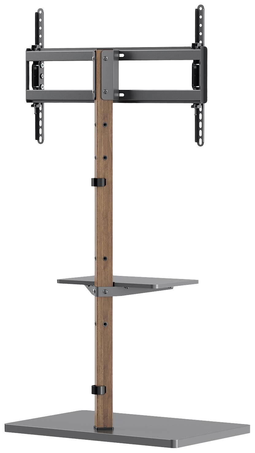 TV-Ständer mit Holz-Säule, verstellbarer Halterung und zusätzlicher Ablagefläche, geeignet für Flachbildschirme.