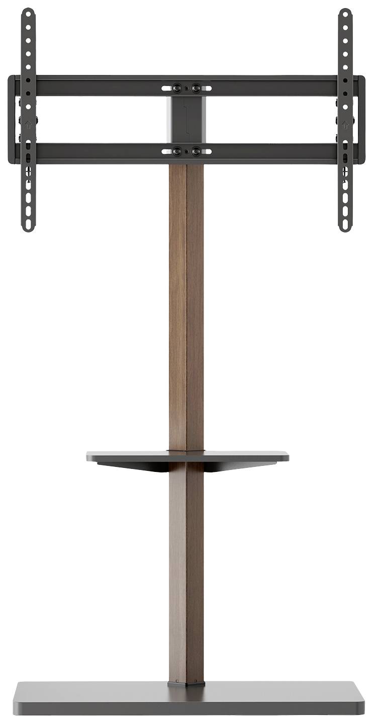 Ein TV-Ständer mit Holzsäule und Metallhalterung, geeignet für Flachbildfernseher. Unten eine kleine Ablage für Zubehör.