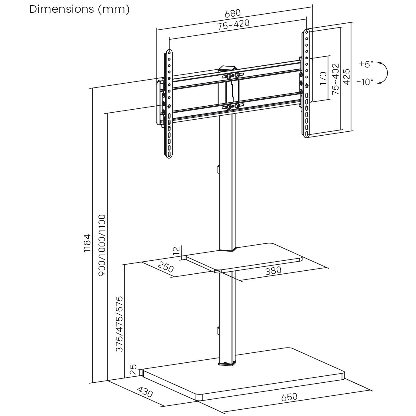 Diagramm eines TV-Ständers mit Maßen in Millimetern. Höhenverstellbar von 900 bis 1184 mm, Breite 650 mm, Tiefe 430 mm. Neigbar um +5°/-10°.