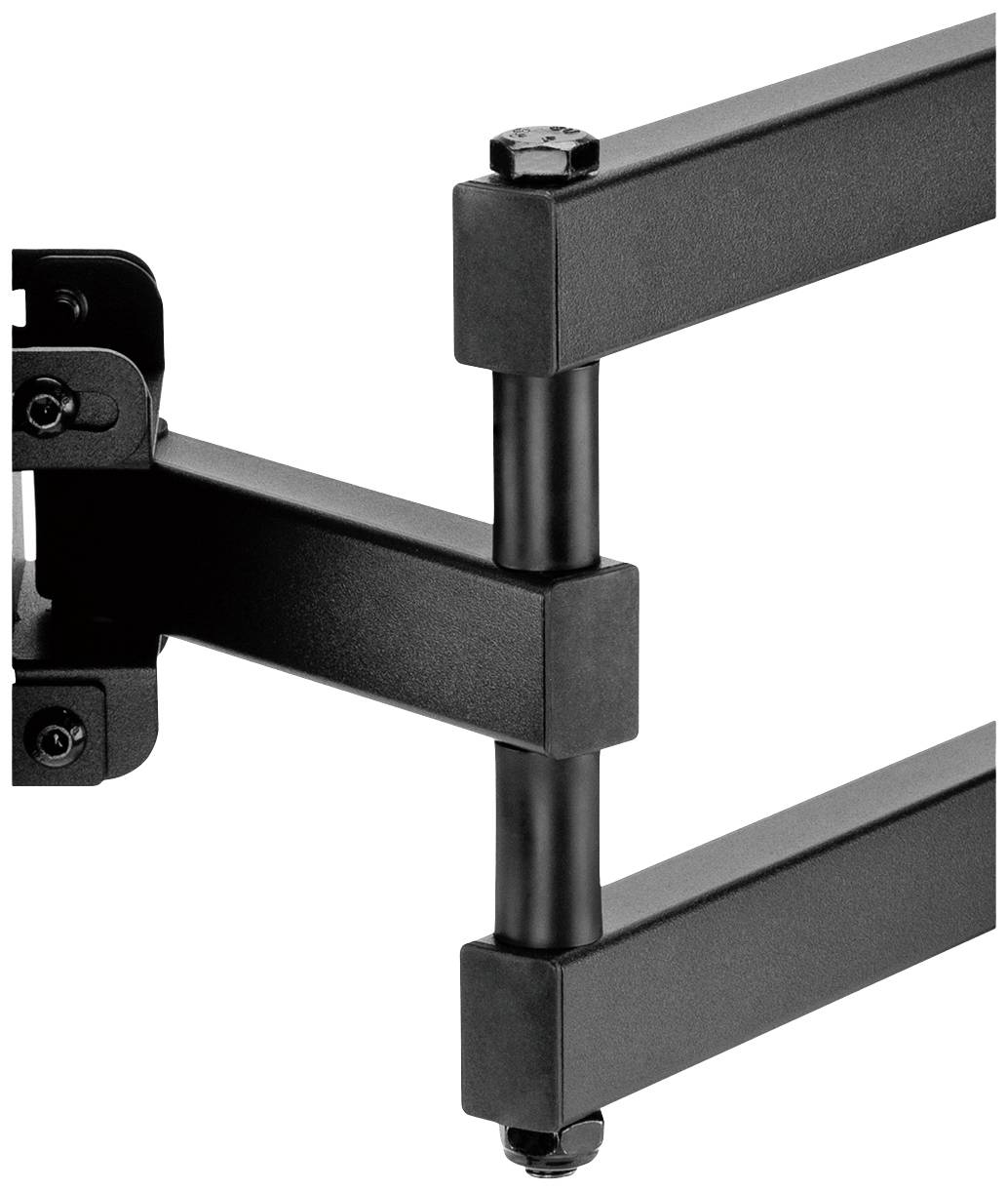 Nahaufnahme eines schwarzen, verstellbaren Scharniers an einem wandmontierten Arm, wahrscheinlich für die Montage eines Fernsehers oder Monitors.