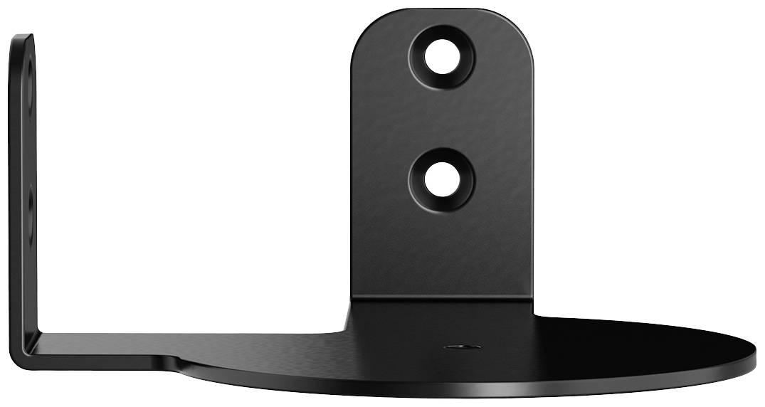 Schwarze Wandhalterung mit runder Basis und zwei Bohrlöchern zur Befestigung an der Wand. Ideal für Geräte oder Dekorationen.