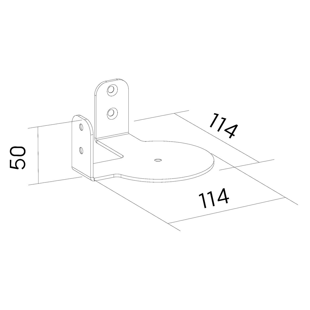 Technische Zeichnung einer Metallhalterung, mit Abmessungen: 50 mm hoch, 114 mm breit. Seitliche Ansichten und Lochdetails sichtbar.