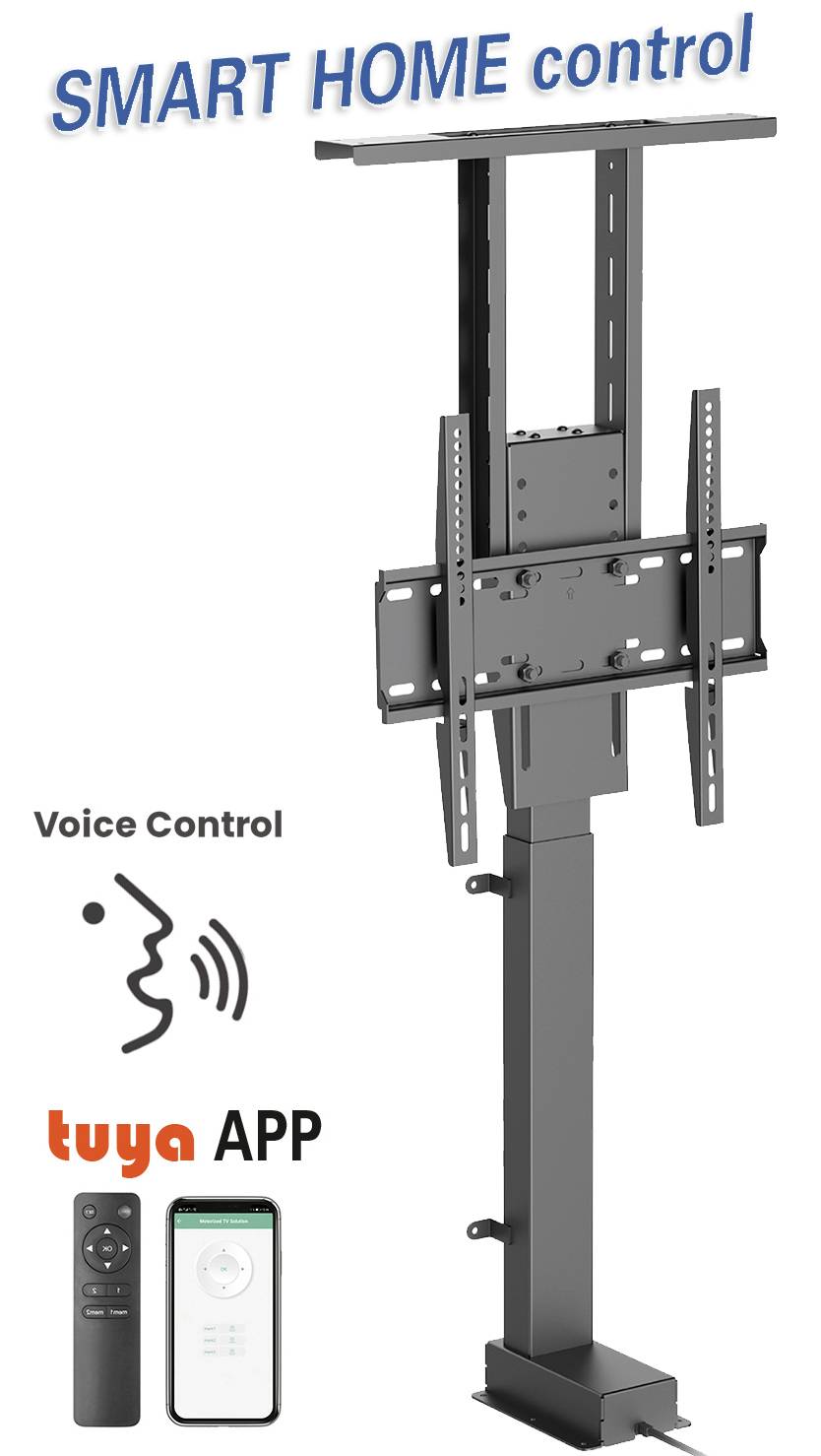 Deutsche Beschreibung des Bildes: 'SMART HOME control' mit einem verstellbaren TV-Ständer, der per Sprachsteuerung und Tuya App bedient werden kann. Ein Fernbedienungssymbol und ein Smartphone mit App-Interface sind zu sehen.