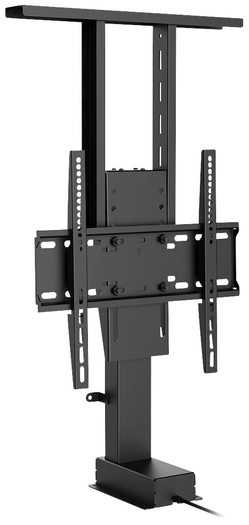 Eine schwarze, verstellbare TV-Halterung für Wandmontage mit Metallrahmen und Schraubenlöchern zur Befestigung eines Bildschirms.