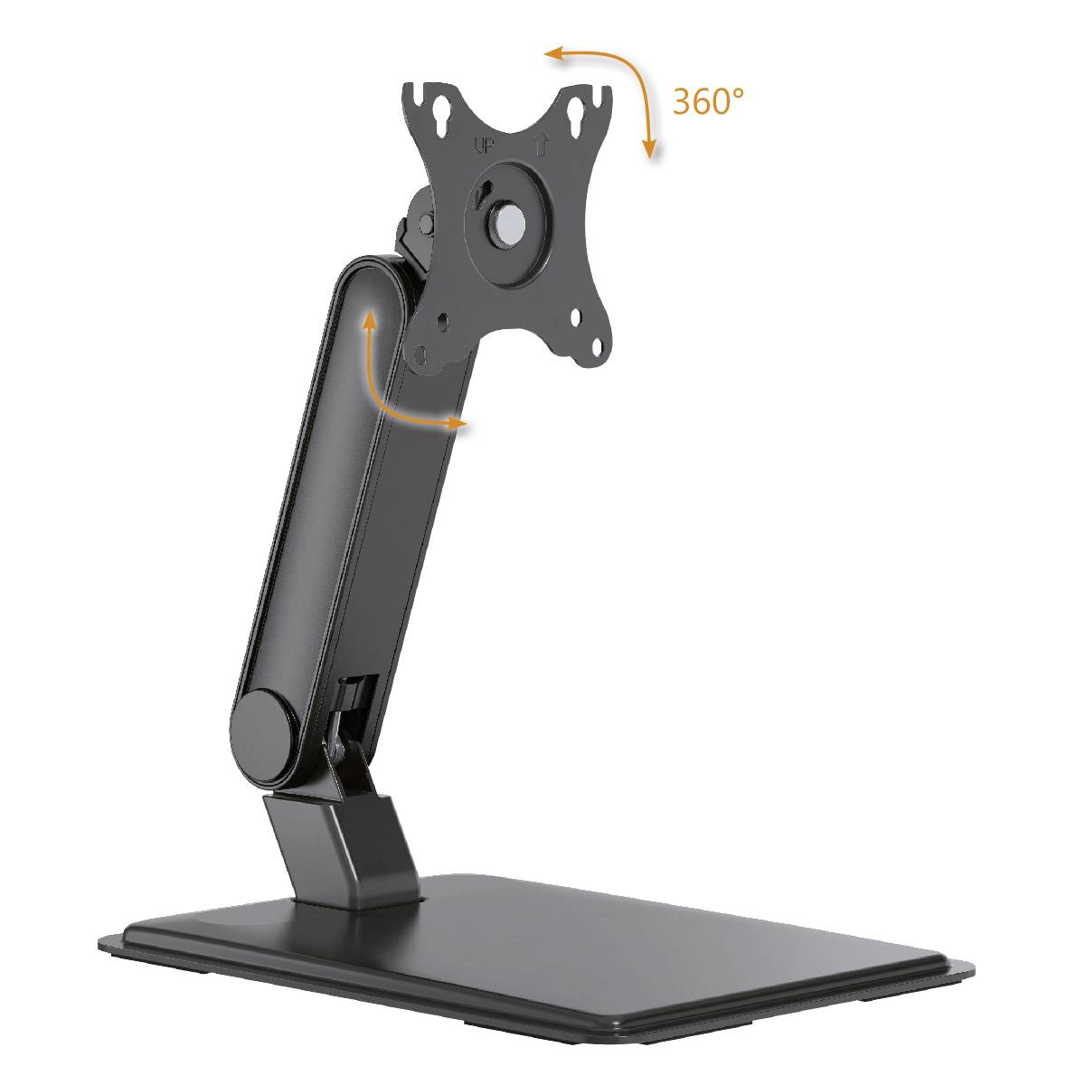 Ein schwarzer Monitorständer mit drehbarer Halterung zeigt eine 360°-Schwenkfunktion.