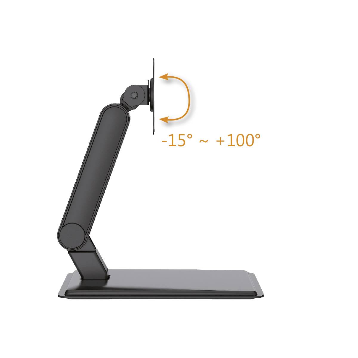 'Sonnosystems Monitorarm' in seitlichem Profil zeigt Neigungsbereich von -15° bis +100°, veranschaulicht durch Pfeile. Ideal für ergonomische Anpassung.