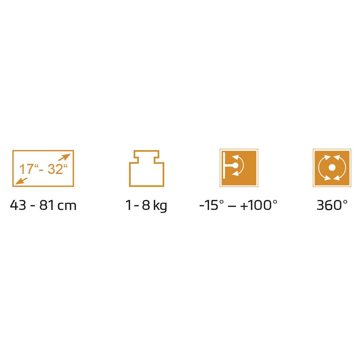 Bild mit Symbolen und Maßen: Unterstützt Bildschirme von 43 bis 81 cm (17 bis 32 Zoll), Gewicht 1 bis 8 kg, Neigung -15° bis +100°, Rotation 360°.