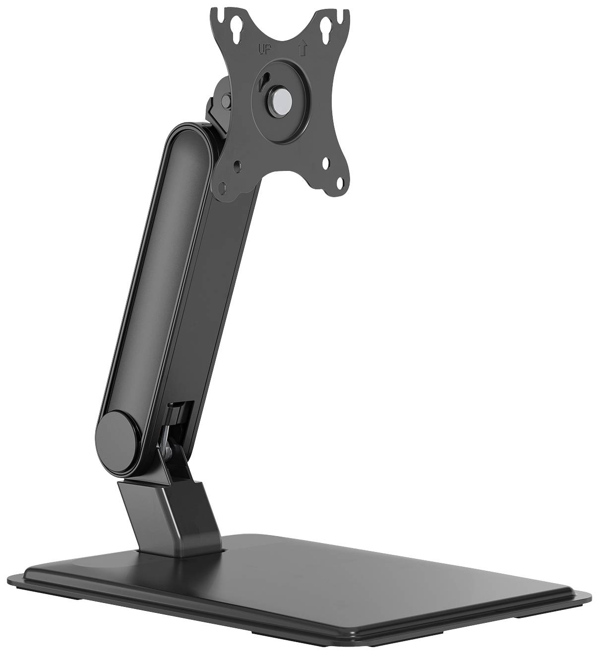 Monitorhalterung mit verstellbarem Arm auf rechteckiger Basis. Geeignet zur Befestigung eines Bildschirms für flexible Ausrichtung.