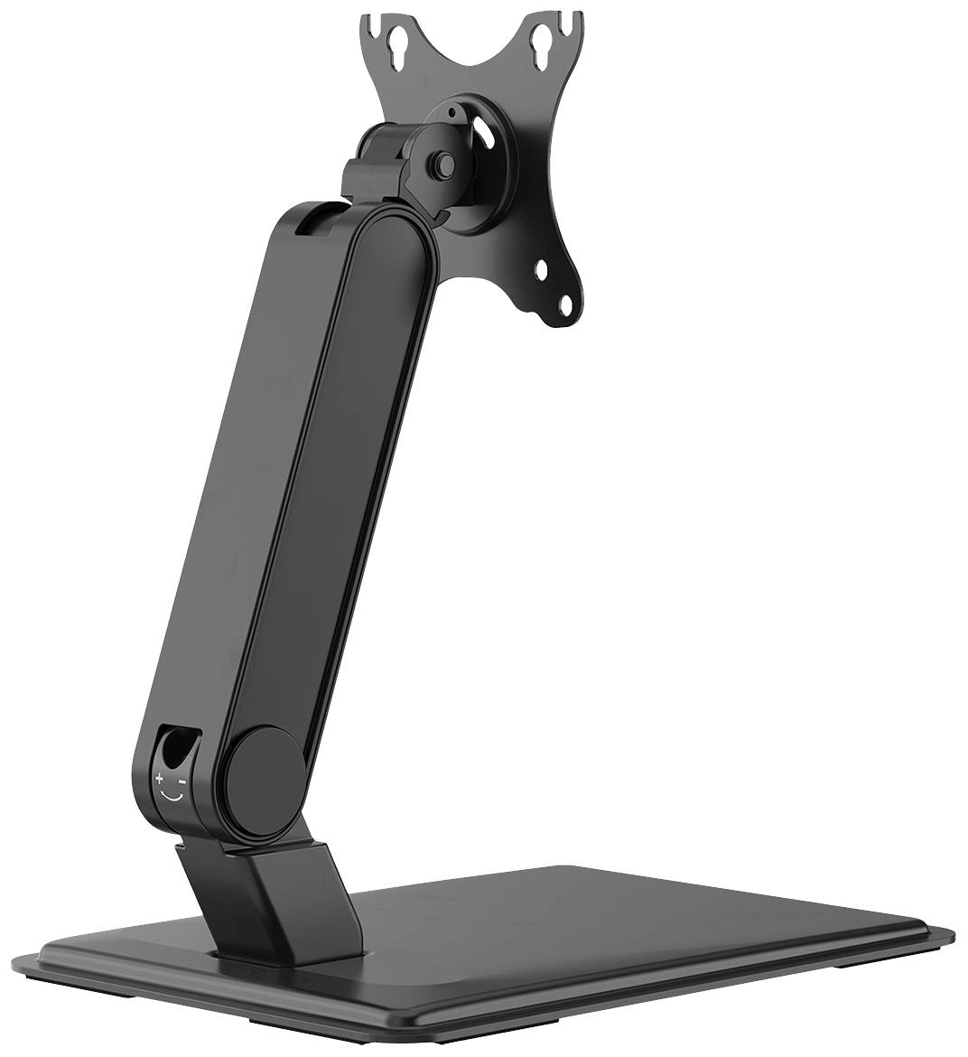 Ein höhenverstellbarer Monitorarm in Schwarz aus Metall, geeignet zur Befestigung eines Bildschirms.