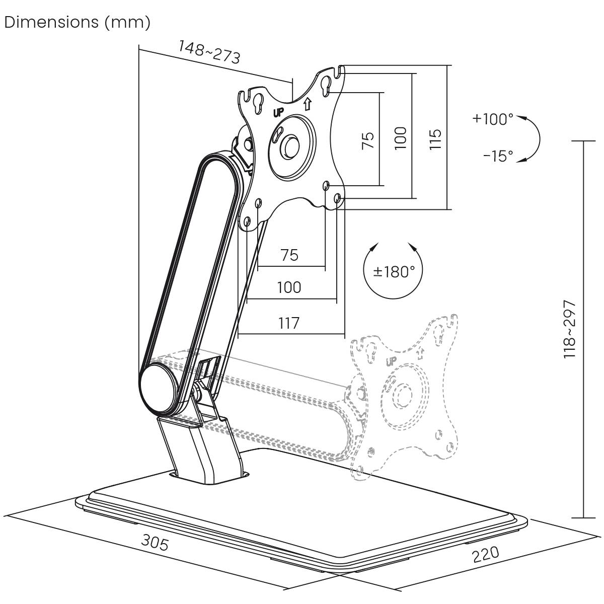 Ein verstellbarer Monitorarm mit Maßen in Millimetern. Neigung von +100° bis -15°, Drehung ±180°. Höhe: 118–297 mm, Tiefe: 148–273 mm.
