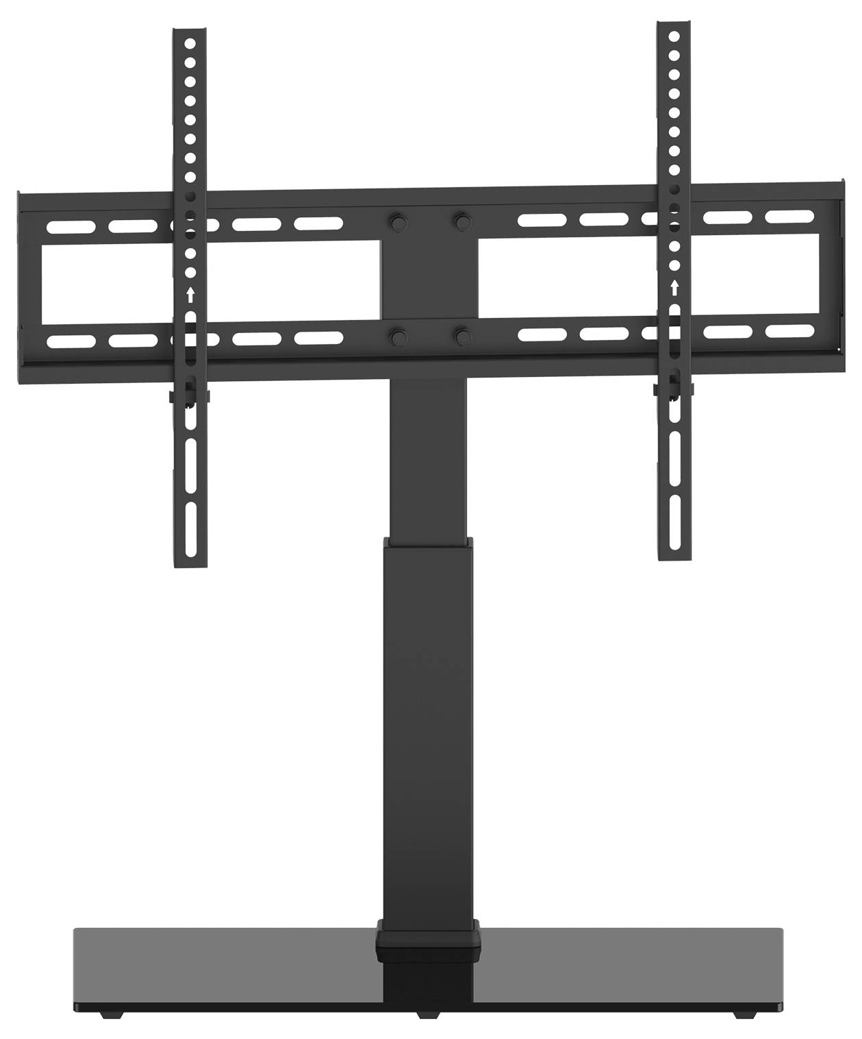 Ein schwarzer TV-Ständer aus Metall mit höhenverstellbarer Halterung, geeignet für Flachbildfernseher.