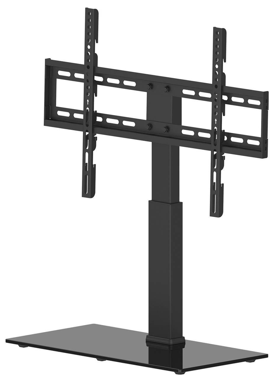 Ein schwarzer TV-Ständer mit rechteckiger Glasbasis und höhenverstellbarer Halterung für Flachbildschirme.