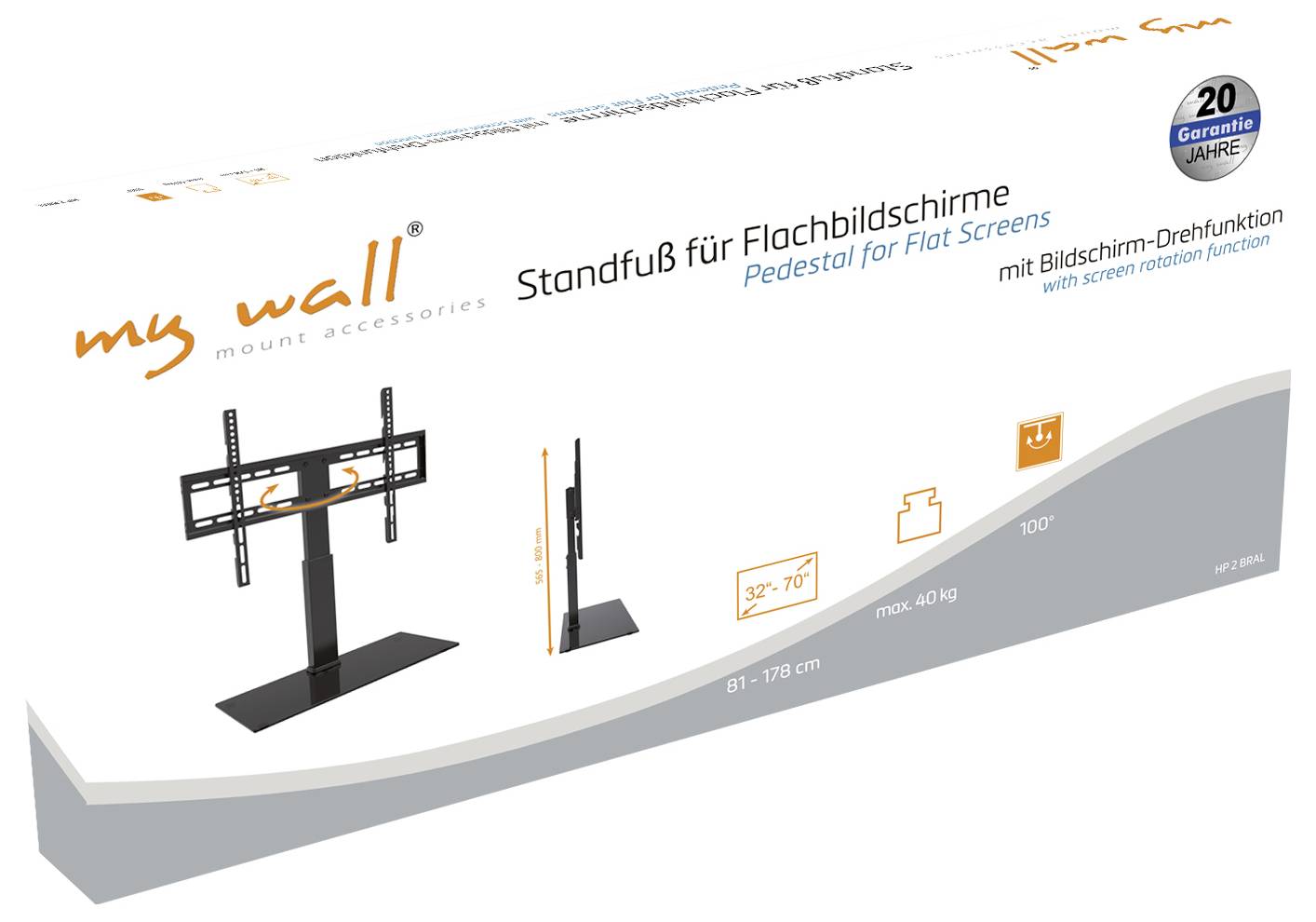 Verpackung eines TV-Ständers für Flachbildschirme, geeignet für Größen von 32-70 Zoll, mit Drehfunktion und bis 40 kg belastbar.