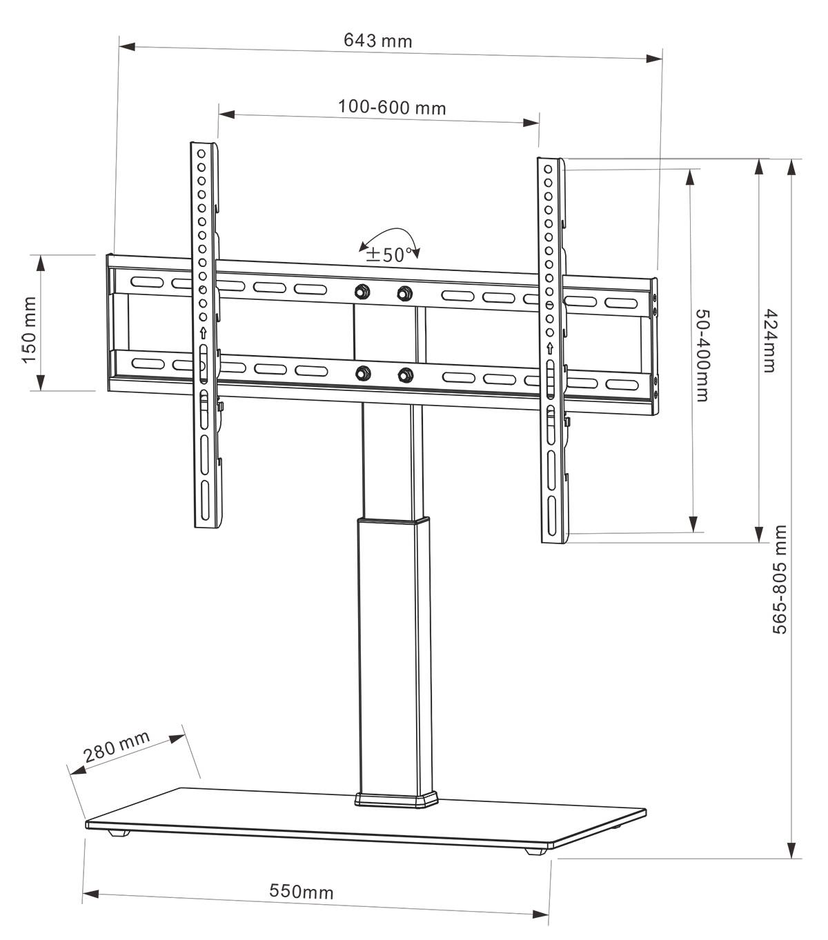 TV-Halterung mit Maßen: Breite 643 mm, Höhe 565-805 mm, Tiefe der Basis 280 mm. Einstellbare TV-Breite 100-600 mm.