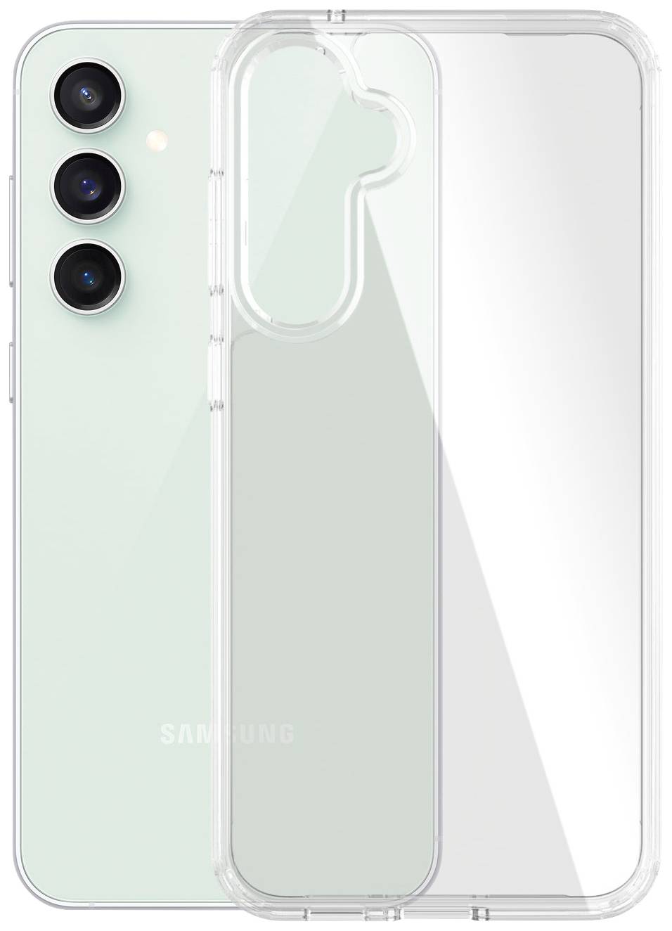 Ein Smartphone mit drei Kameralinsen auf der Rückseite wird von einer transparenten Schutzhülle umgeben.