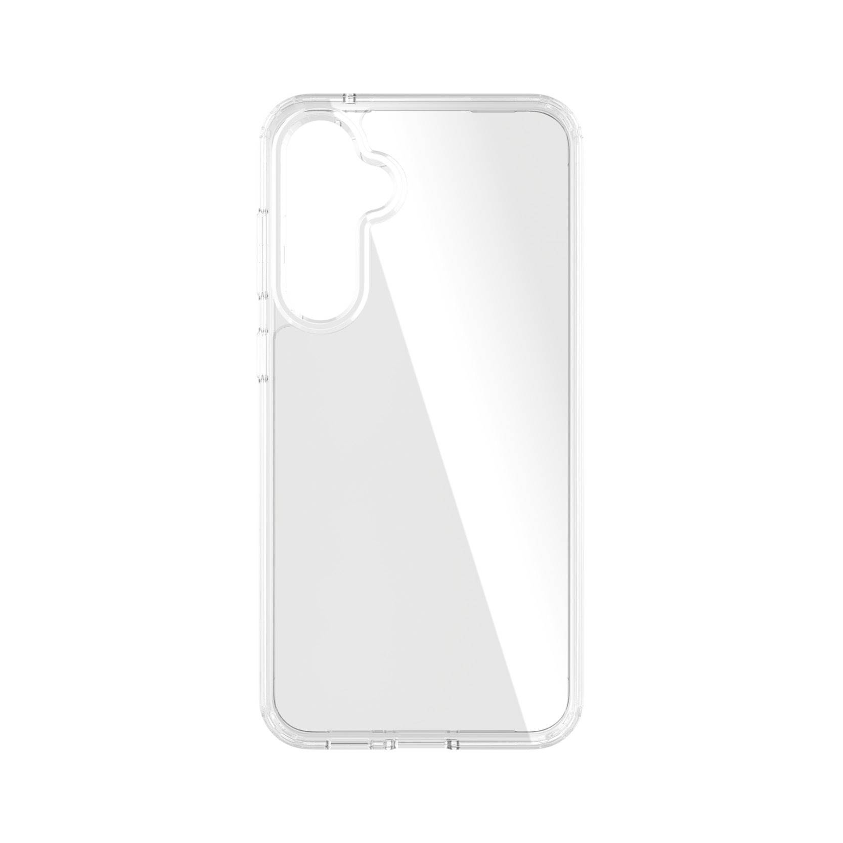 Transparente Handyhülle, passend für ein Smartphone mit vertikaler Kameraaussparung links oben. Schlichtes Design, klare Oberfläche.