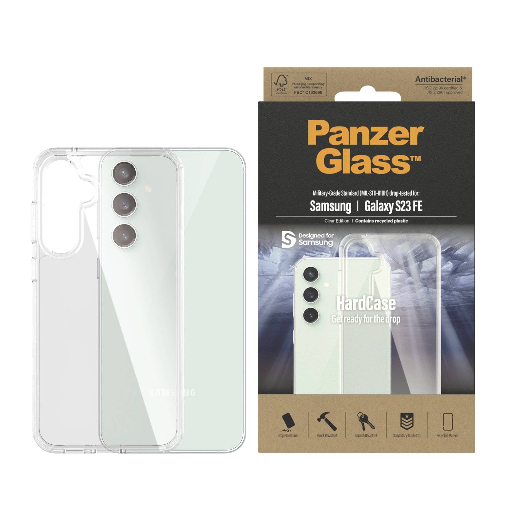 Transparente Smartphone-Hülle für Samsung Galaxy S23 FE, auf robusten Schutz ausgelegt, wird neben der Schachtel mit Beschreibung gezeigt.