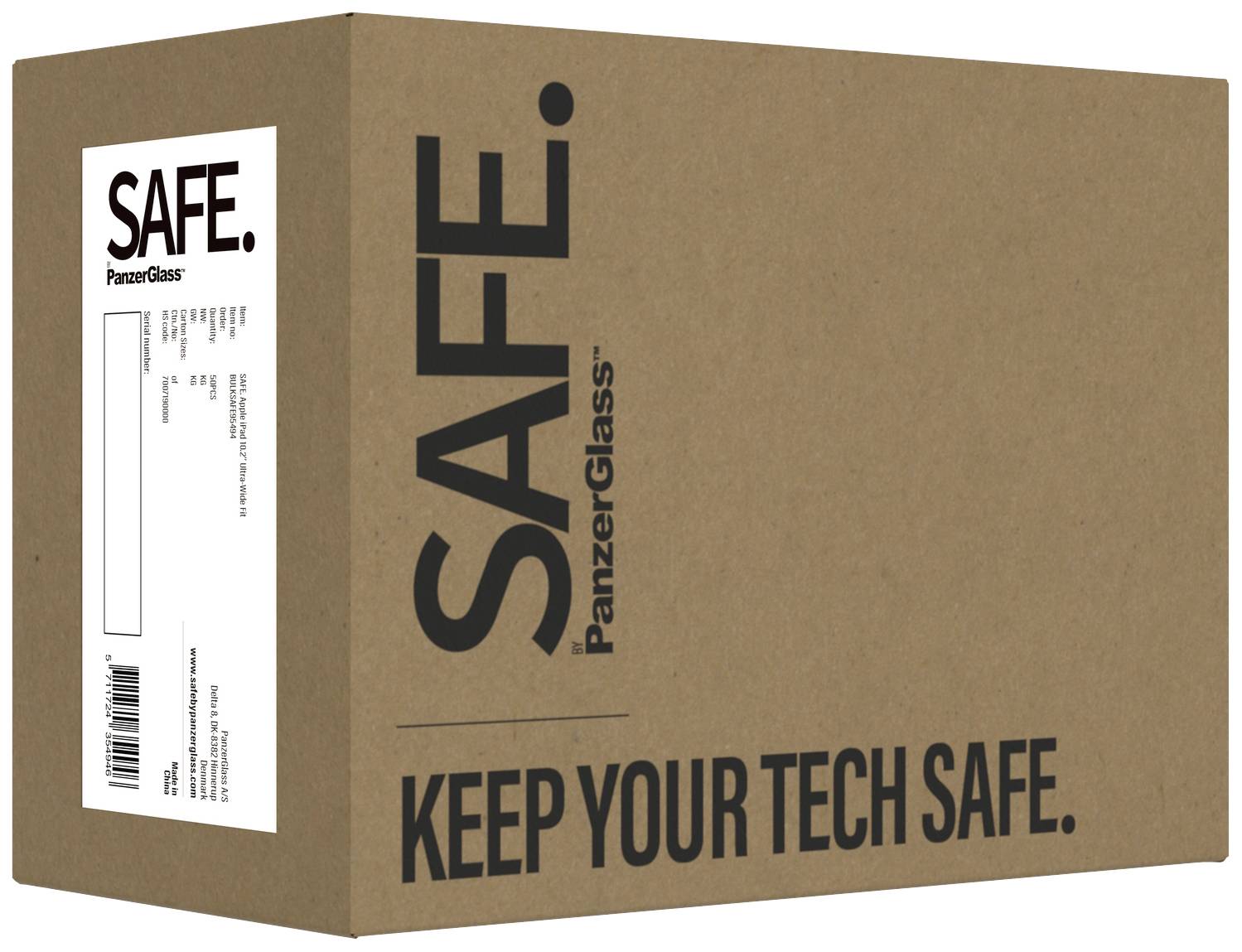 Kartonverpackung mit der Aufschrift 'SAFE. PanzerGlass'. Darunter steht 'KEEP YOUR TECH SAFE'.