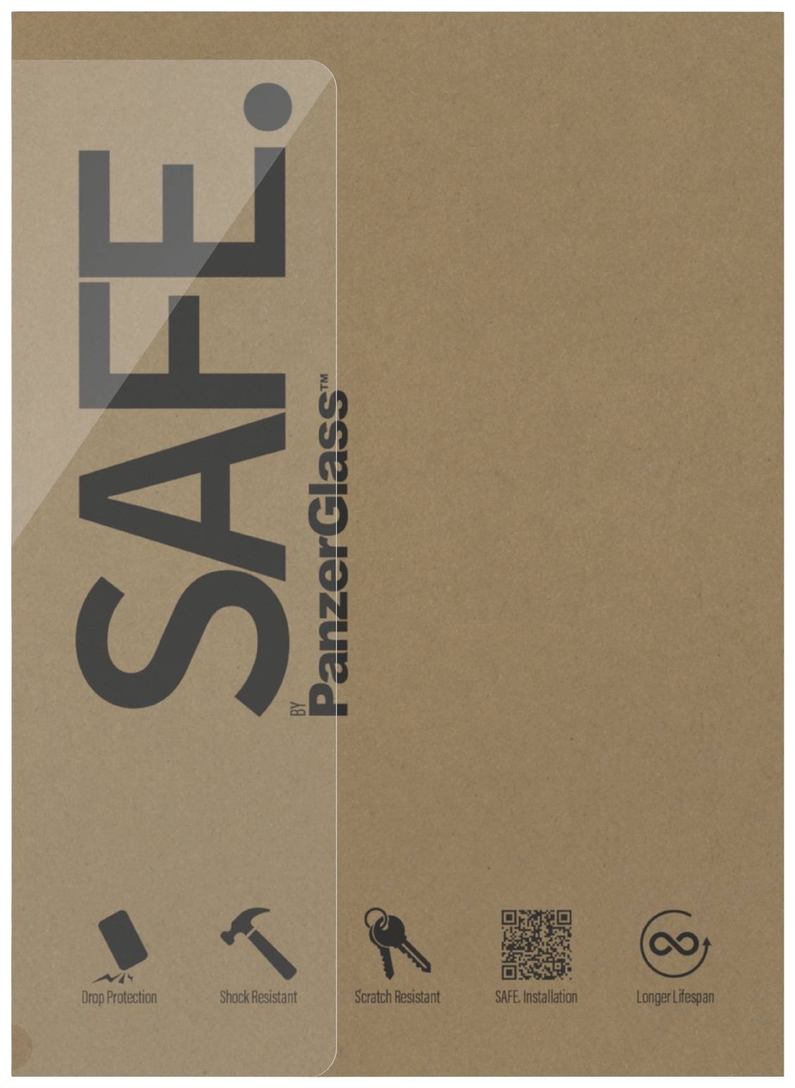 'SAFE.' auf brauner Kartonverpackung von 'PanzerGlass'. Symbole unten kennzeichnen Kratzfestigkeit, Stoßschutz und einfache Installation.