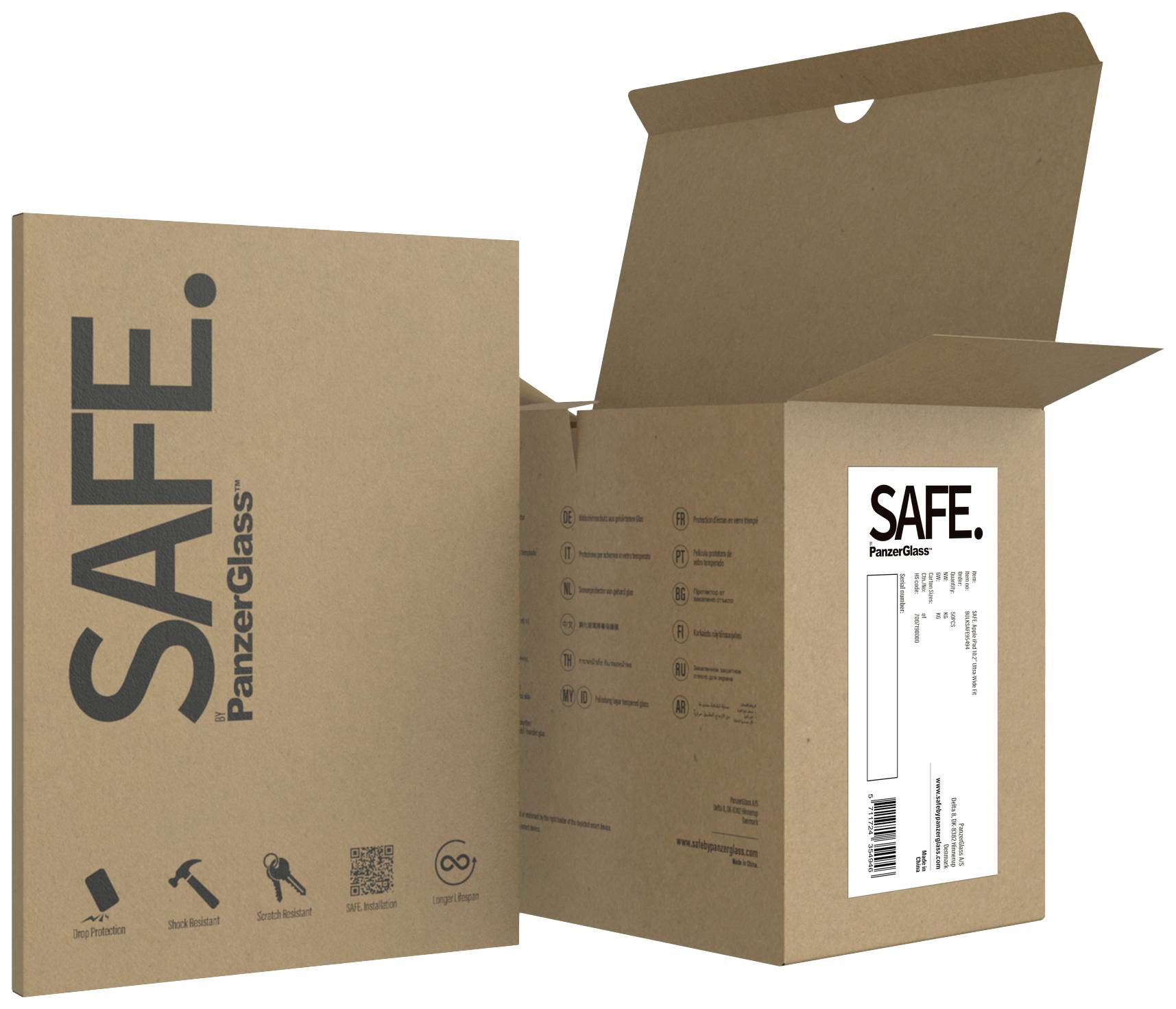 Zwei Pappkartons mit Aufschrift SAFE. von PanzerGlass, einer geöffnet mit Symbolen für Anwendungen; der andere geschlossen.