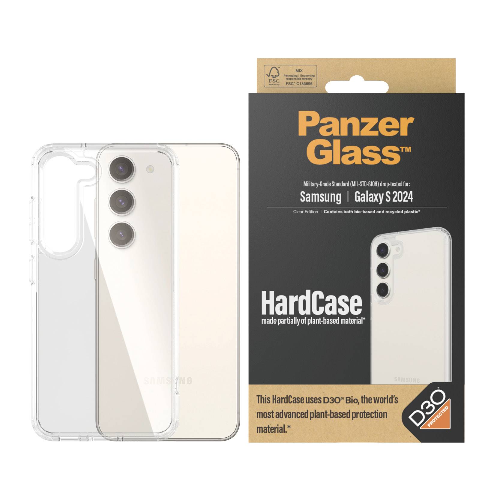 Verpackung eines PanzerGlass HardCase für Samsung Galaxy S 2024, durchsichtig, pflanzenbasiert. Schützt das Handy, D3O® Bio-Technologie.