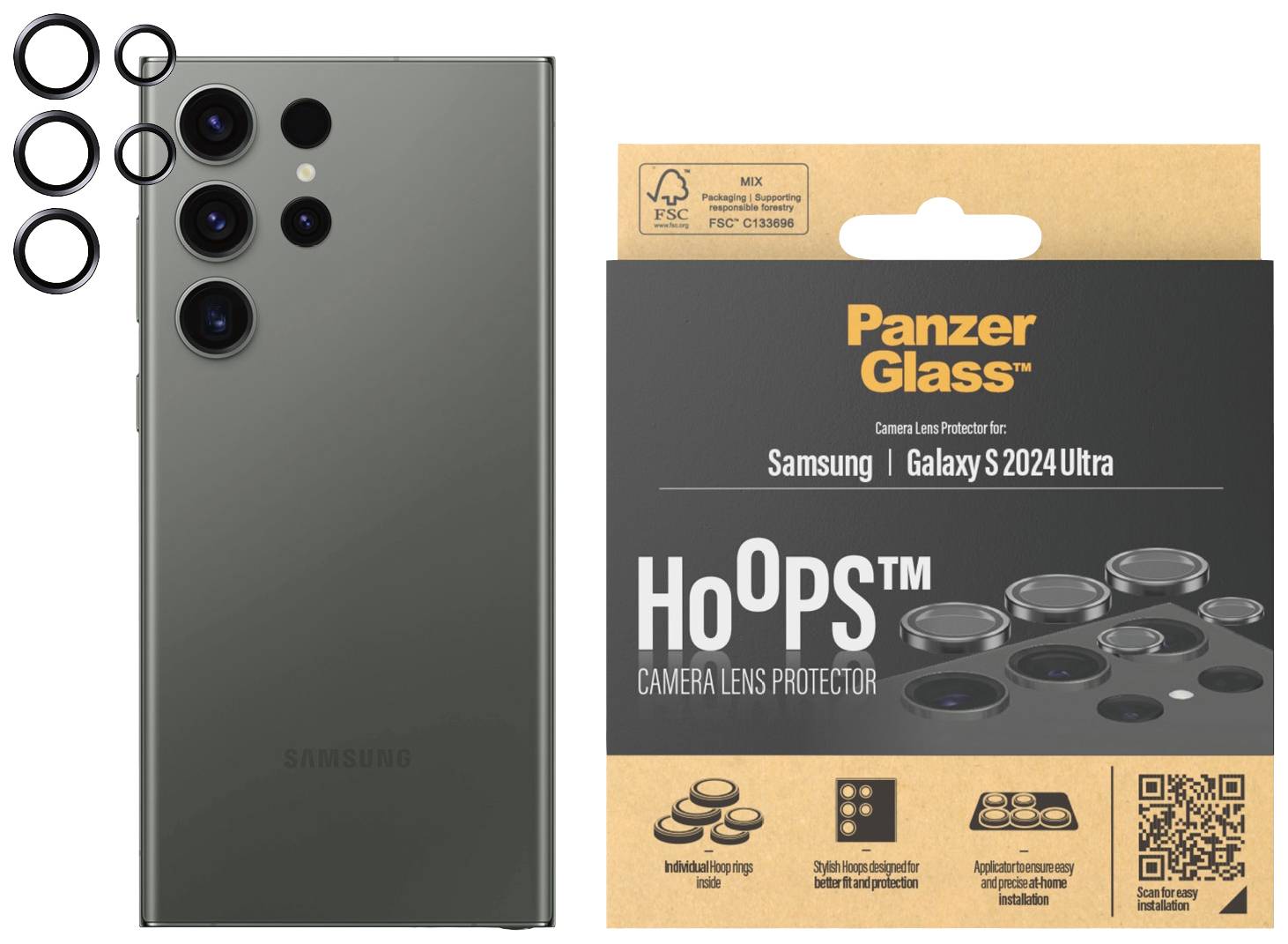 Samsung Galaxy S24 Ultra in Grau neben Panzer Glass Kameraobjektivschutz in Verpackung. Fünf runde Schutzgläser abgebildet.